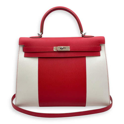 Flag Sellier Kelly 35 Rouge Casaque/Blanc in Epsom Palladium hardware CL2508-15061 3