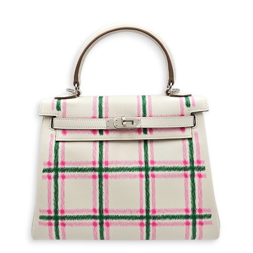 Tartan Light Kelly 25 Gris Pale/Vert Moyen/Rose Bubblegum in Swift Palladium hardware