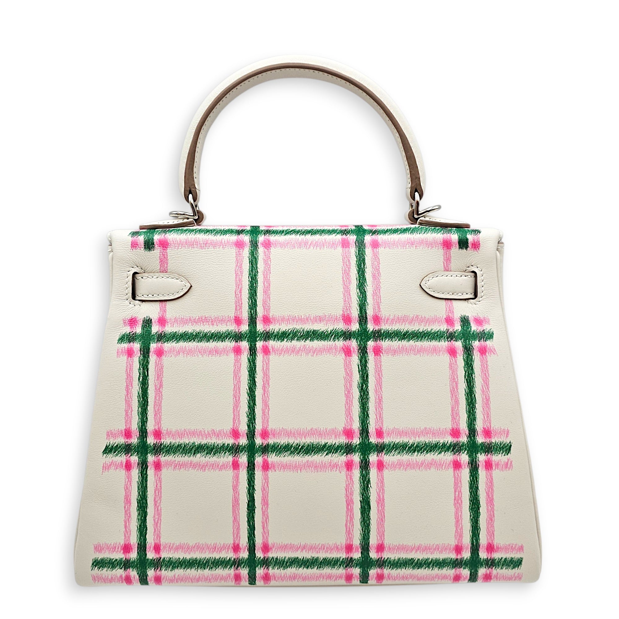 Tartan Light Kelly 25 Gris Pale/Vert Moyen/Rose Bubblegum in Swift Palladium hardware