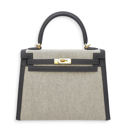 Sellier Kelly 25 Ecru-Ardoise/Ardoise in Toile/Swift Gold hardware CL2512-17702 1