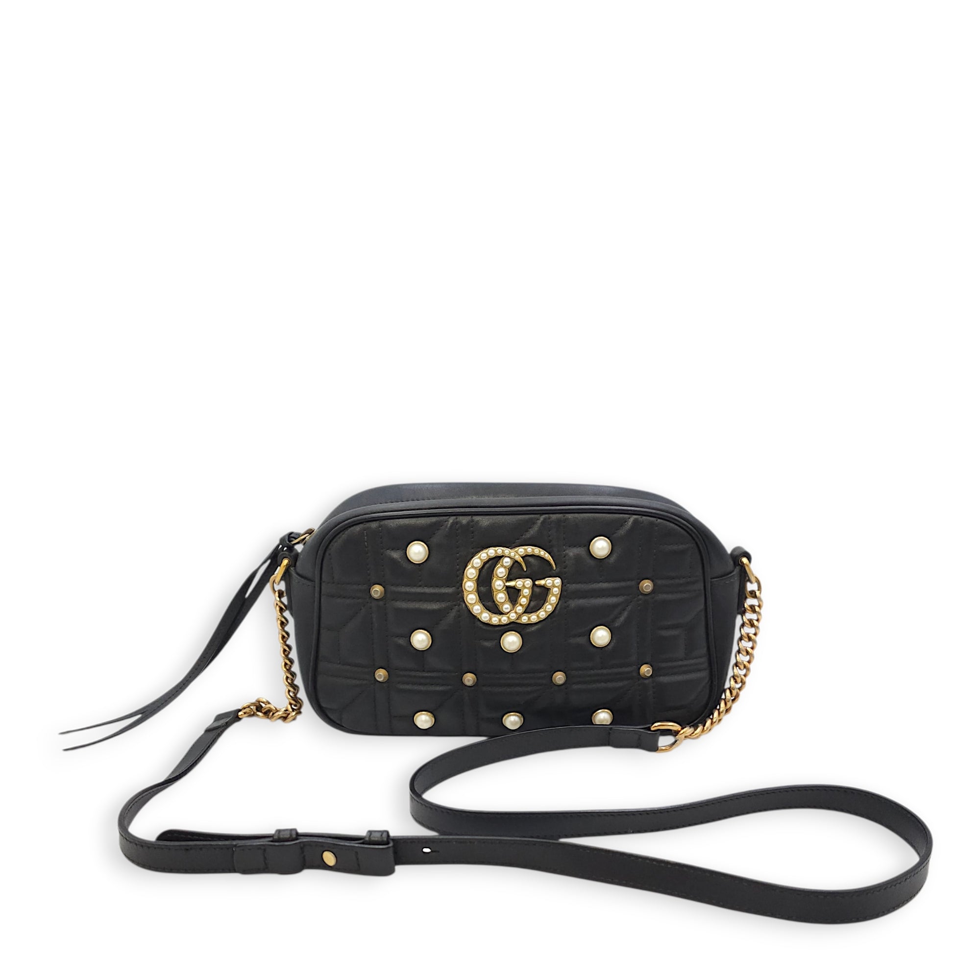 GG Pearly Marmont Camera Black Crossbody Bag in Matelasse Gold hardware
