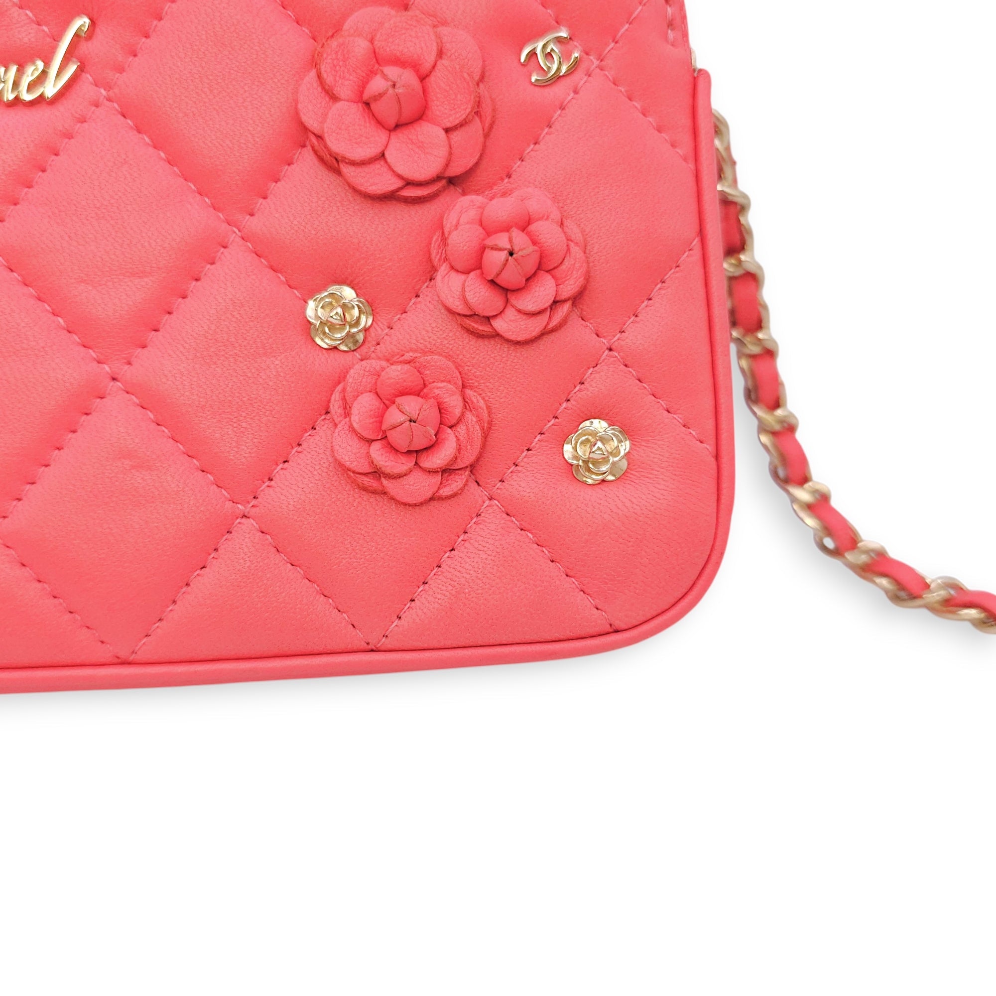 CC Camellia Fushia Pink Long Wallet on Chain in Lambskin Gold hardware CL2601-18360 19