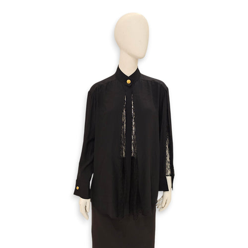 LV Button Down Shirt with Mandarin Collar and Lace Detailing 38 Black Ready-To-Wear in Silk Gold hardware CL2601-18538 1