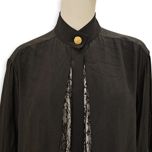 LV Button Down Shirt with Mandarin Collar and Lace Detailing Size 38 Black Ready-To-Wear in Silk Gold hardware