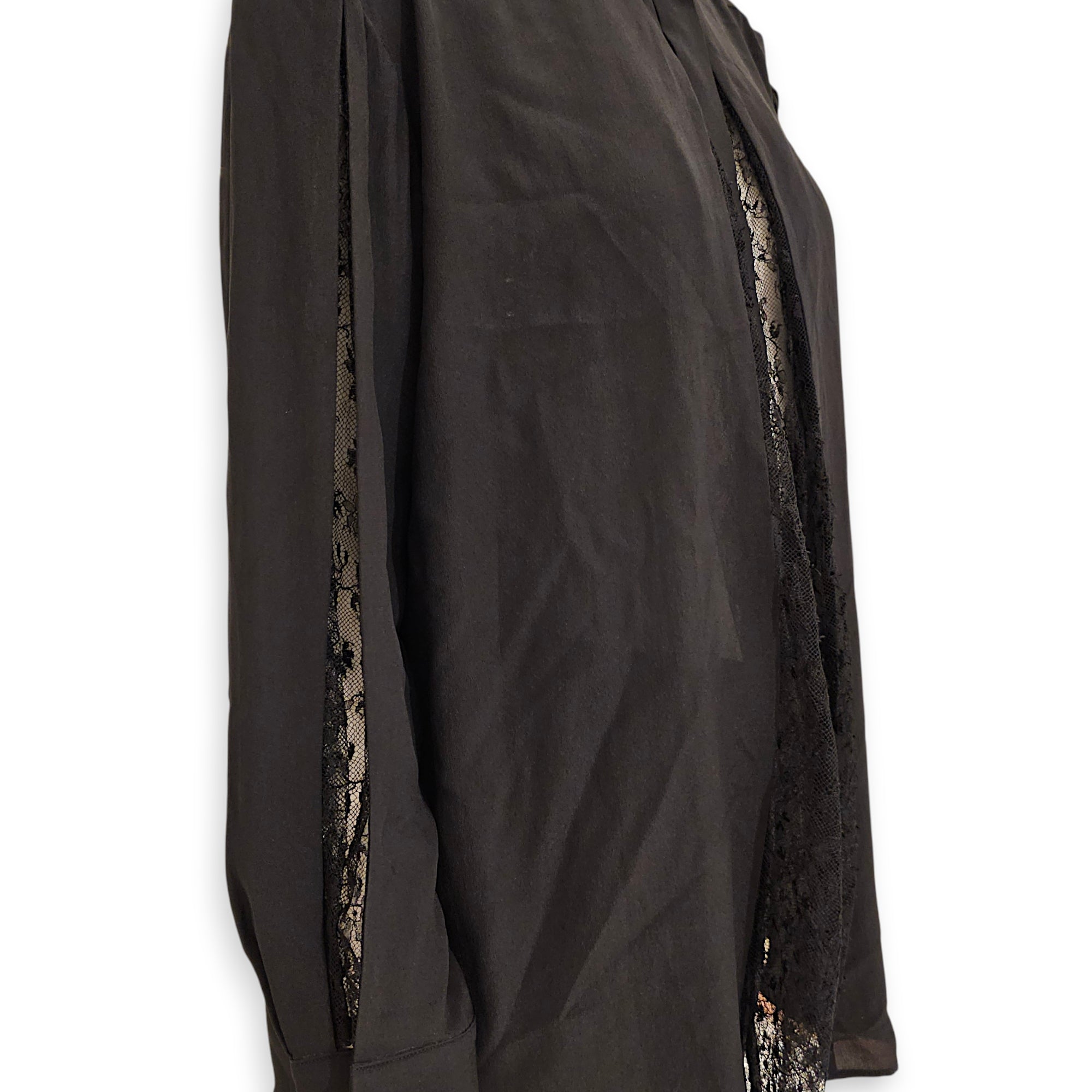 LV Button Down Shirt with Mandarin Collar and Lace Detailing Size 38 Black Ready-To-Wear in Silk Gold hardware