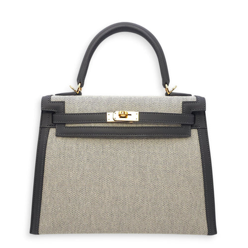 Sellier Kelly 25 Ecru-Ardoise/Ardoise in Swift/Toile H  Gold hardware CL2601-18738 1