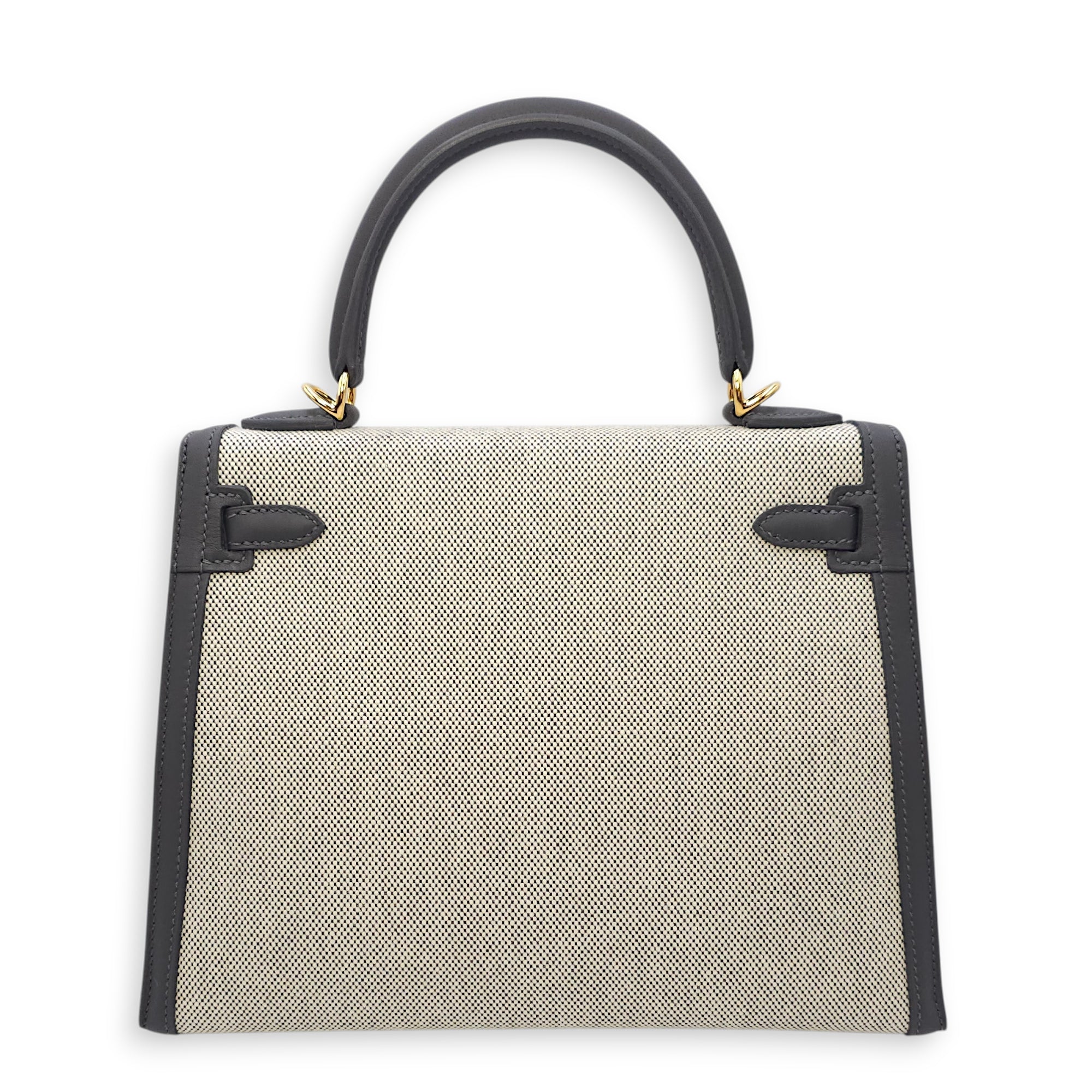 Sellier Kelly 25 Ecru-Ardoise/Ardoise in Swift/Toile H  Gold hardware CL2601-18738 2