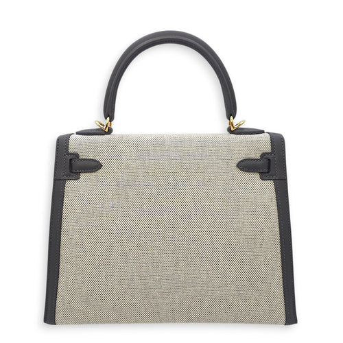 Sellier Kelly 25 Ecru-Ardoise/Ardoise in Swift/Toile H  Gold hardware CL2601-18738 2