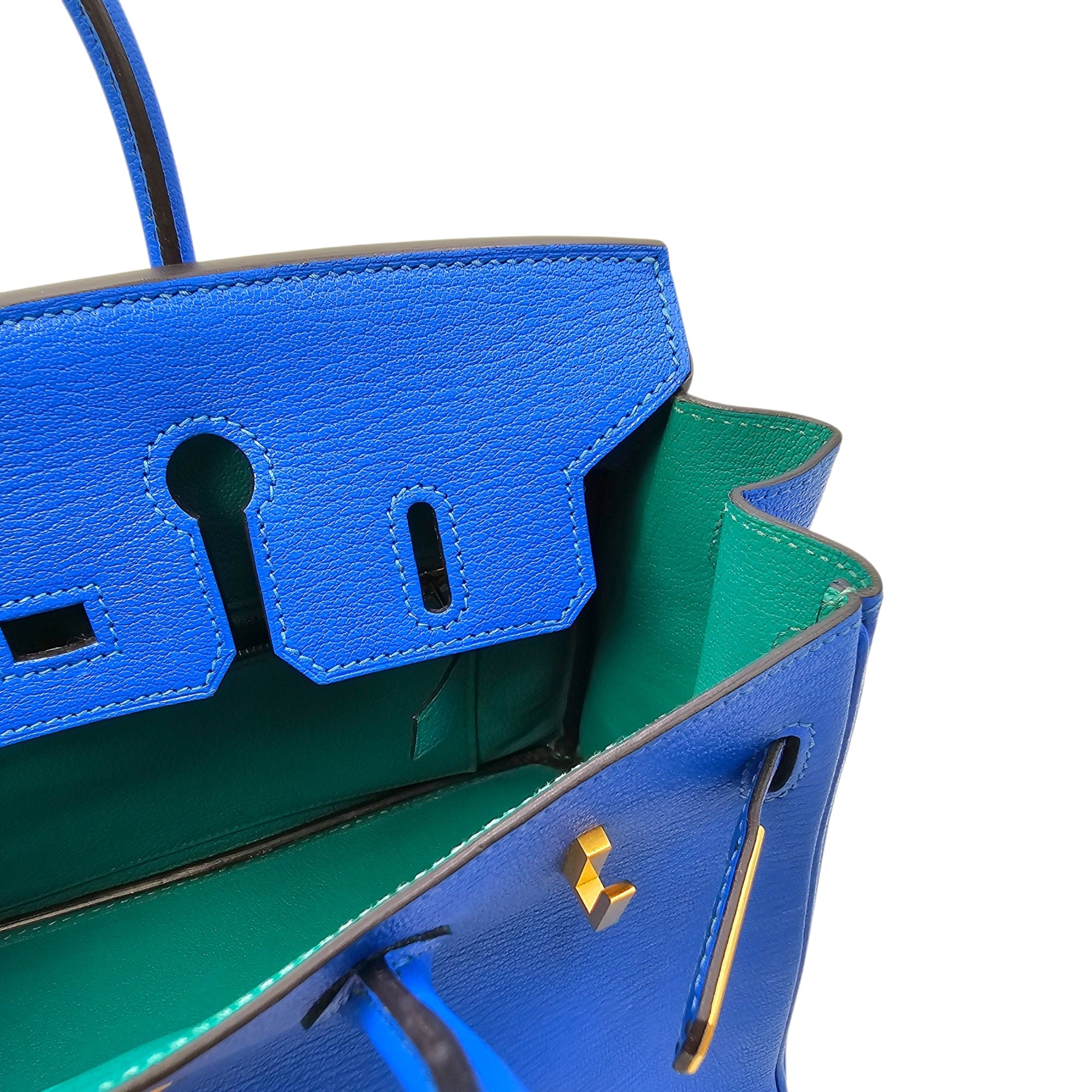 HSS Birkin 25 Blue Hydra/Vert Verone in Chevre Mysore Brushed Gold hardware CL2601-18750 20