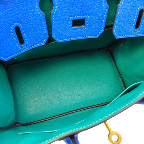 HSS Birkin 25 Blue Hydra/Vert Verone in Chevre Mysore Brushed Gold hardware CL2601-18750 6
