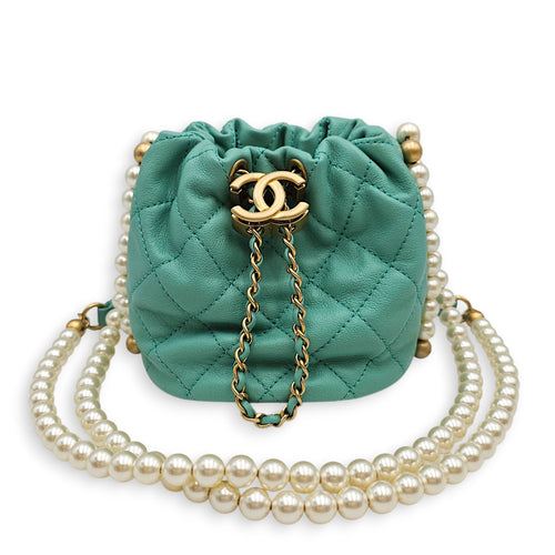 Quilted Mini Bucket Bag with Pearls  Green Bucket Bag in Lambskin Gold hardware CL2601-18815 1