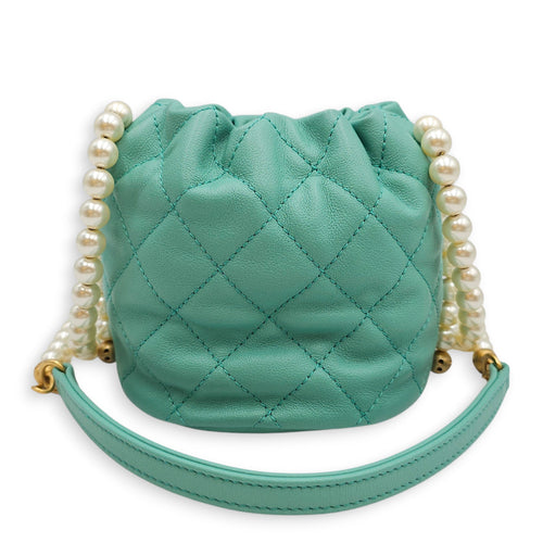 Quilted Mini Bucket Bag with Pearls  Green Bucket Bag in Lambskin Gold hardware CL2601-18815 2