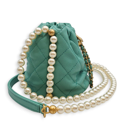 Quilted Mini Bucket Bag with Pearls  Green Bucket Bag in Lambskin Gold hardware CL2601-18815 3