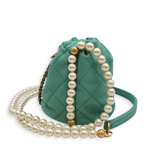 Quilted Mini Bucket Bag with Pearls  Green Bucket Bag in Lambskin Gold hardware CL2601-18815 4