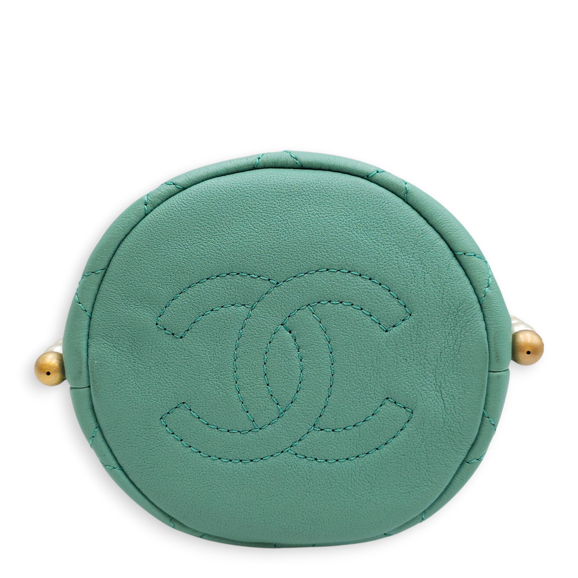 Quilted Mini Bucket Bag with Pearls  Green Bucket Bag in Lambskin Gold hardware CL2601-18815 5