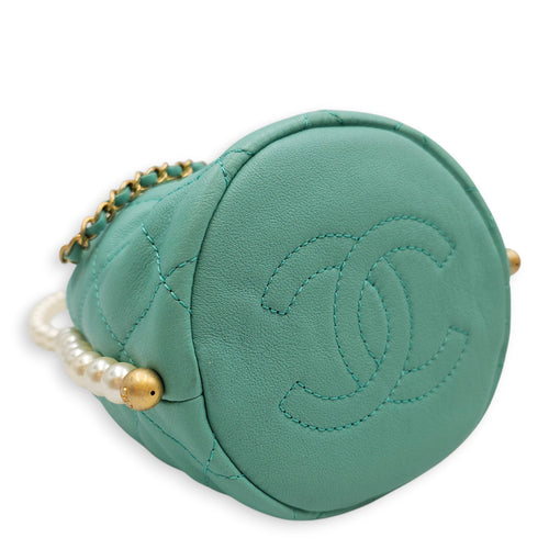 Quilted Mini Bucket Bag with Pearls  Green Bucket Bag in Lambskin Gold hardware CL2601-18815 7