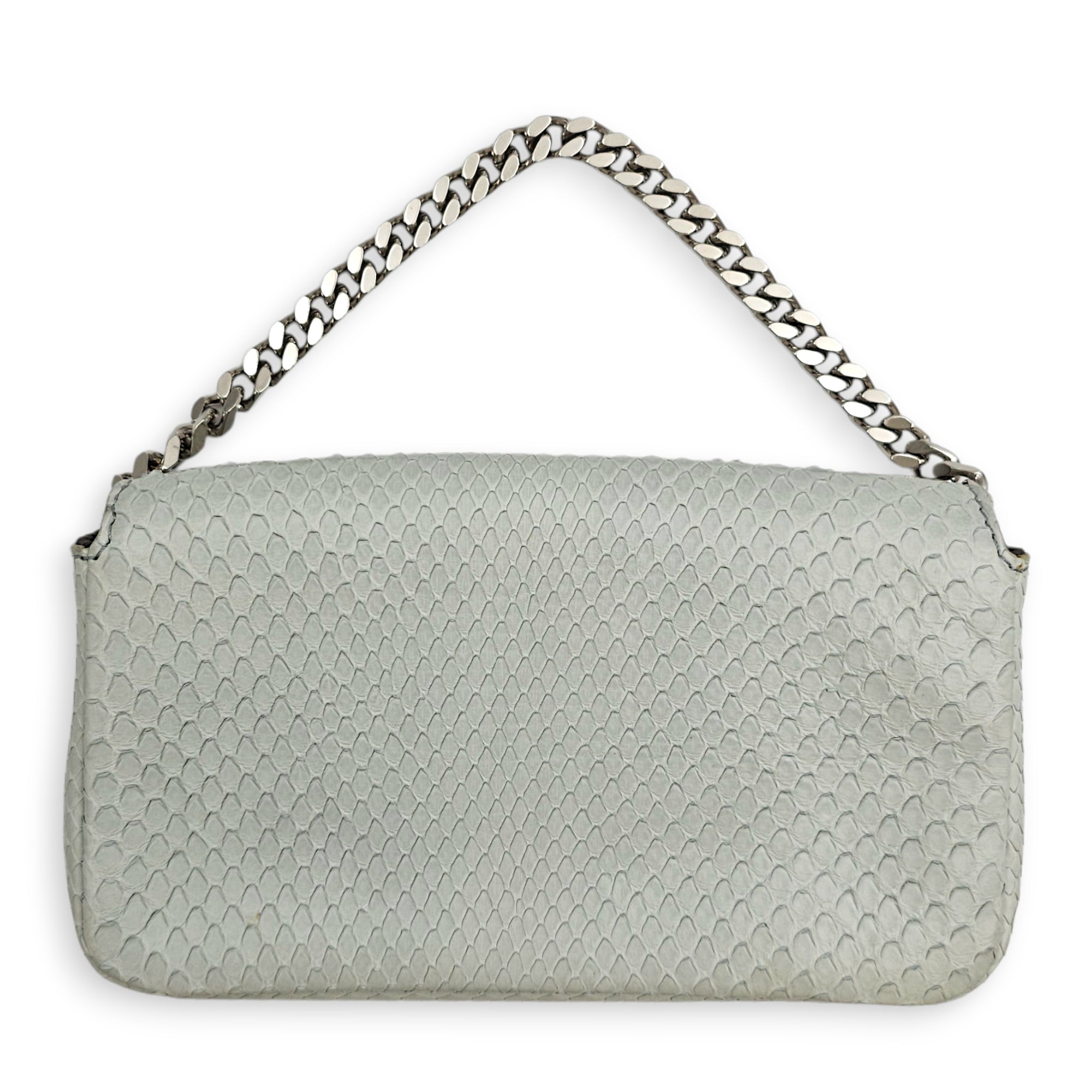 Fendi Micro Baguette in Eggshell Python with Fur and Crystal “ Monster” eye detailing  Grey Top Handle Bag Silver hardware