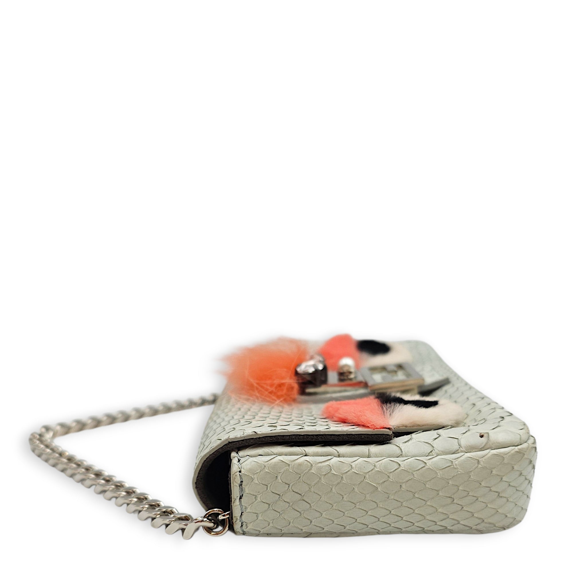 Fendi Micro Baguette in Eggshell Python with Fur and Crystal “ Monster” eye detailing  Grey Top Handle Bag Silver hardware
