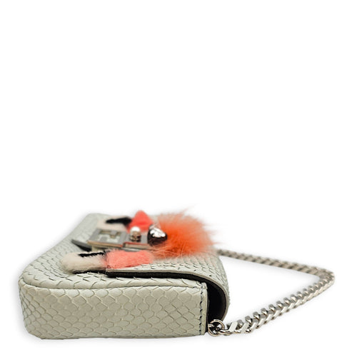 Fendi Micro Baguette in Eggshell Python with Fur and Crystal “ Monster” eye detailing  Grey Top Handle Bag Silver hardware CL2601-18866 4