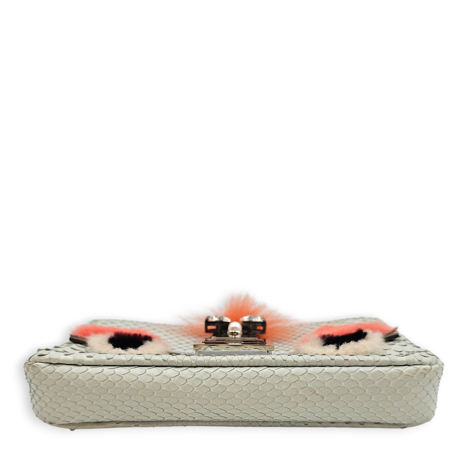 Fendi Micro Baguette in Eggshell Python with Fur and Crystal “ Monster” eye detailing  Grey Top Handle Bag Silver hardware