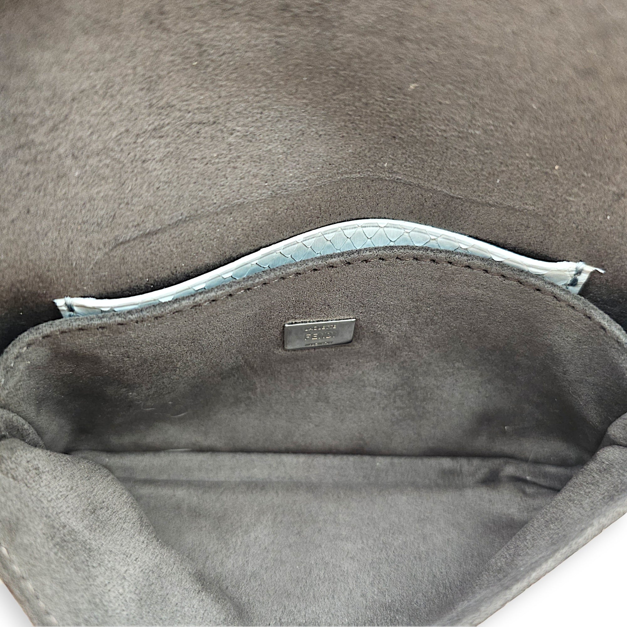 Fendi Micro Baguette in Eggshell Python with Fur and Crystal “ Monster” eye detailing  Grey Top Handle Bag Silver hardware
