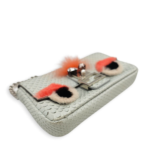 Fendi Micro Baguette in Eggshell Python with Fur and Crystal “ Monster” eye detailing  Grey Top Handle Bag Silver hardware CL2601-18866 3