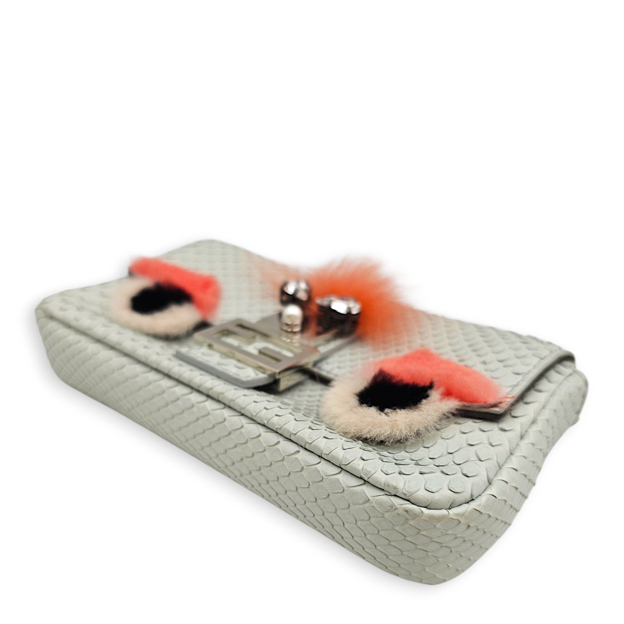 Fendi Micro Baguette in Eggshell Python with Fur and Crystal “ Monster” eye detailing  Grey Top Handle Bag Silver hardware
