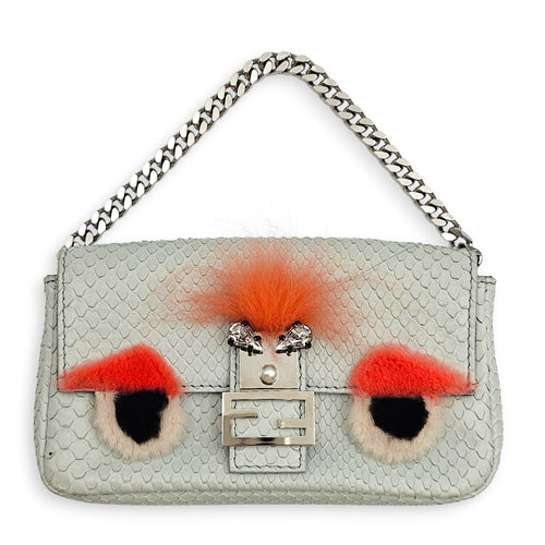 Fendi Micro Baguette in Eggshell Python with Fur and Crystal “ Monster” eye detailing  Grey Top Handle Bag Silver hardware CL2601-18866 1