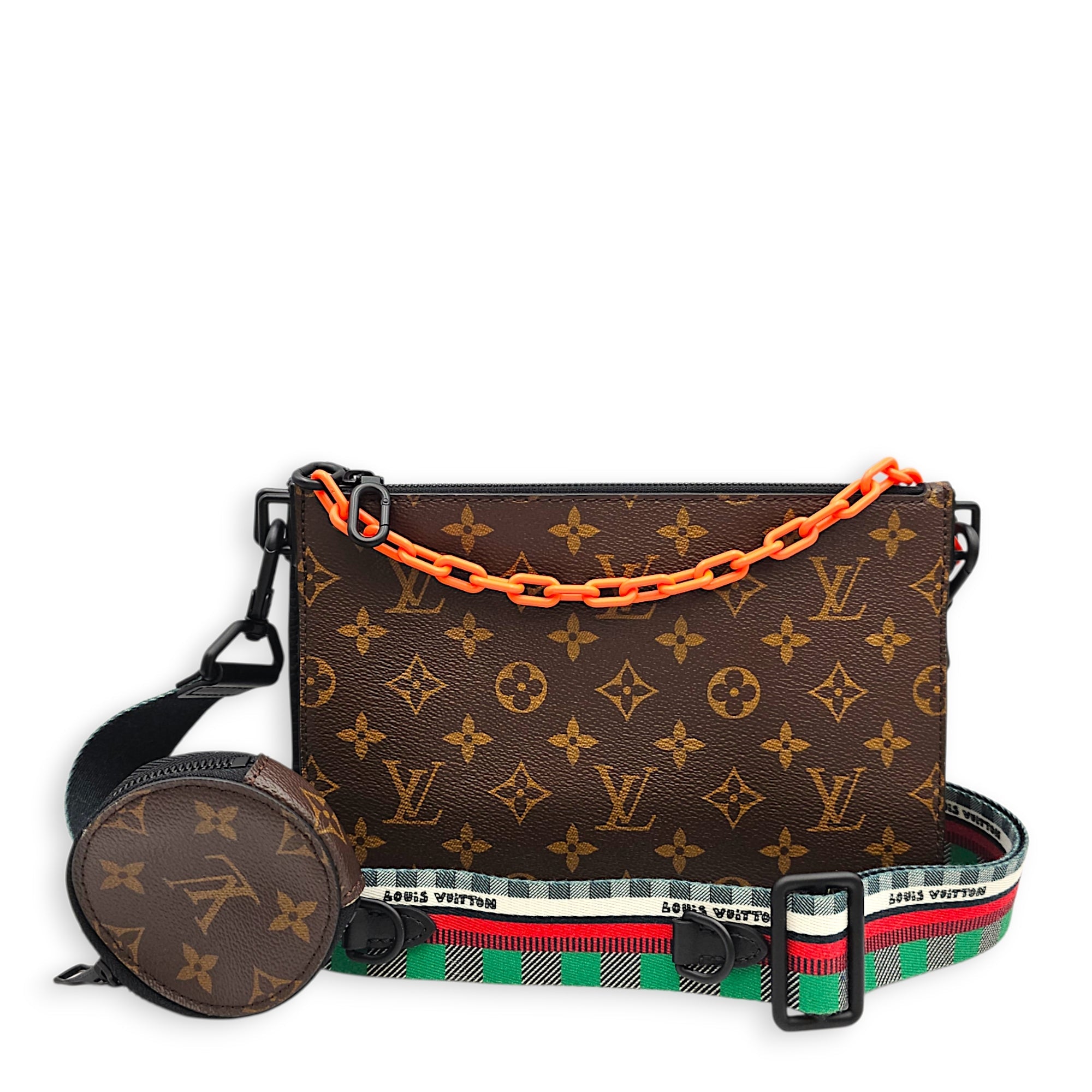 Trio Messenger with black/brown monogram with an orange chain detail & Multi coloured Jacquard Strap Black Crossbody Bag in Calfskin Gunmetal hardware CL2601-18882 2