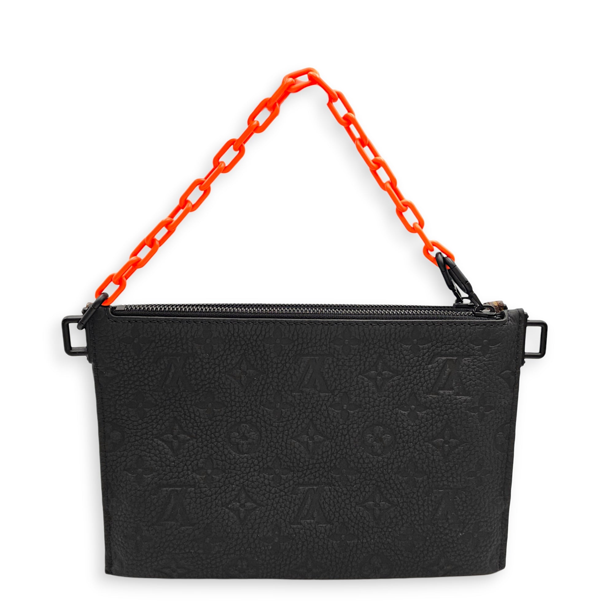 Trio Messenger with black/brown monogram with an orange chain detail & Multi coloured Jacquard Strap Black Crossbody Bag in Calfskin Gunmetal hardware CL2601-18882 3