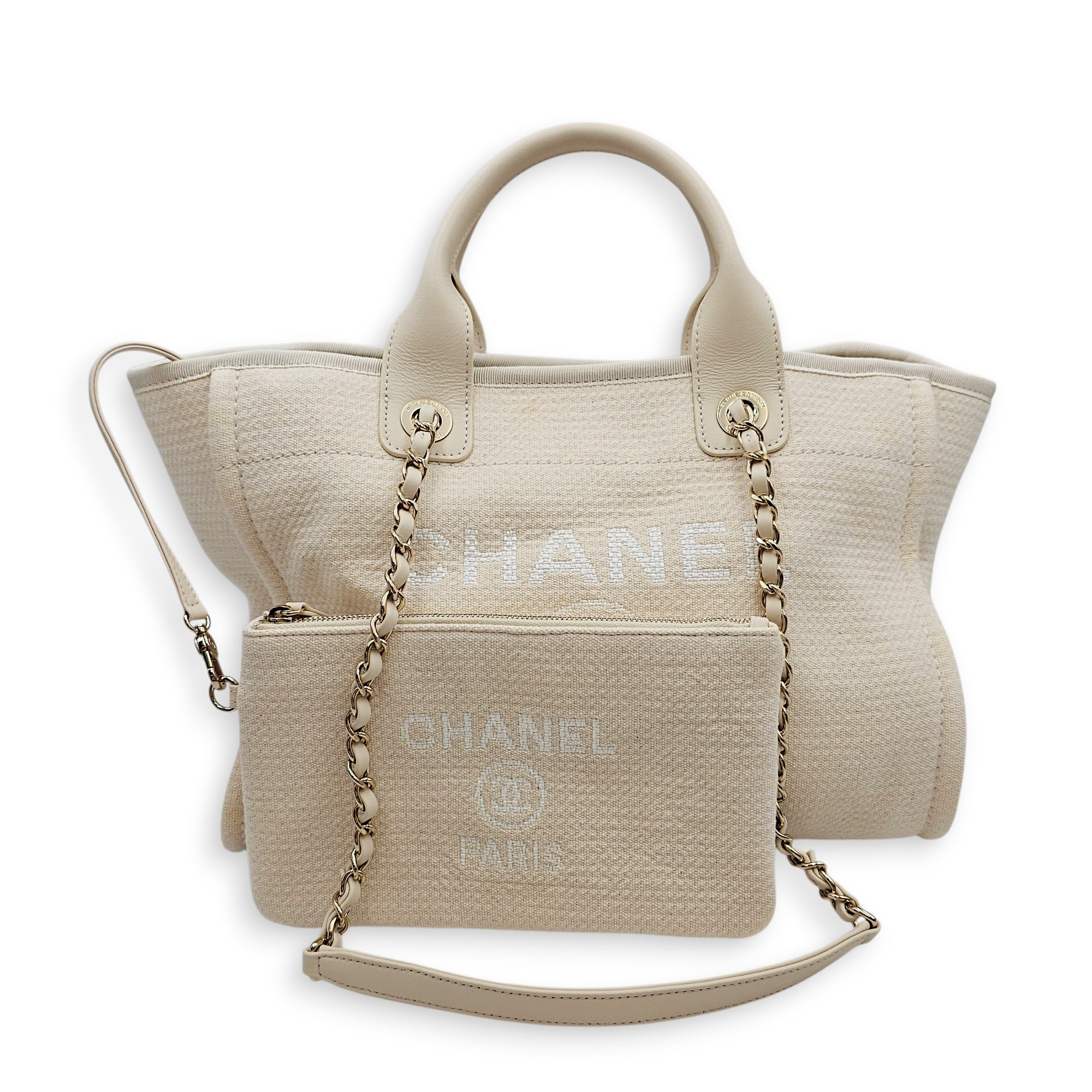 Deauville Small 32 White Shoulder Bag in Canvas Gold hardware CL2601-19040 3