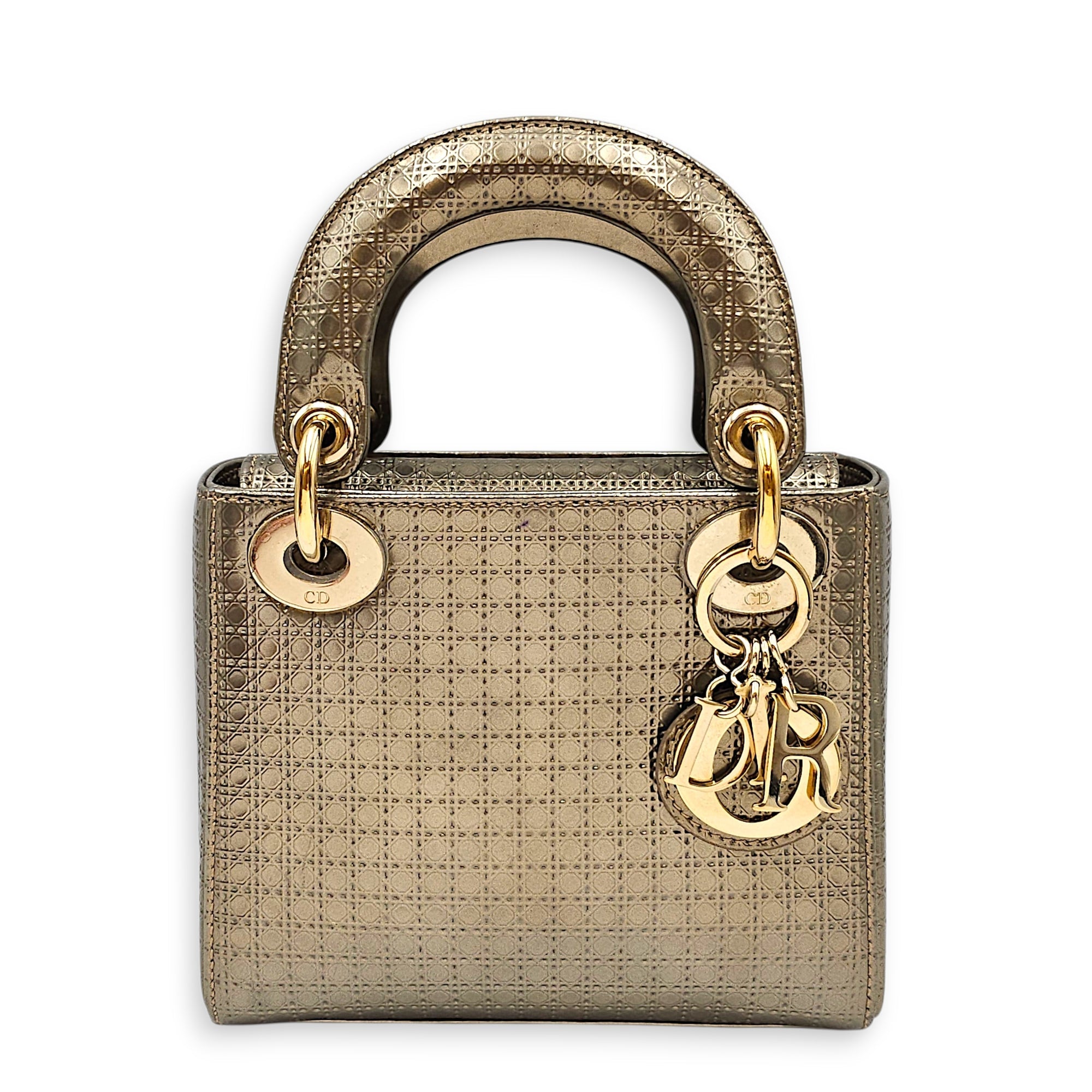 Lady Dior Mini Gold Top Handle Bag in Metallic Gold hardware