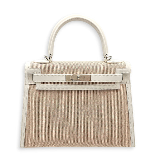 Sellier Kelly 28 Ecru-Beige/New White in Toile/Swift Palladium hardware CL2601-19177 1