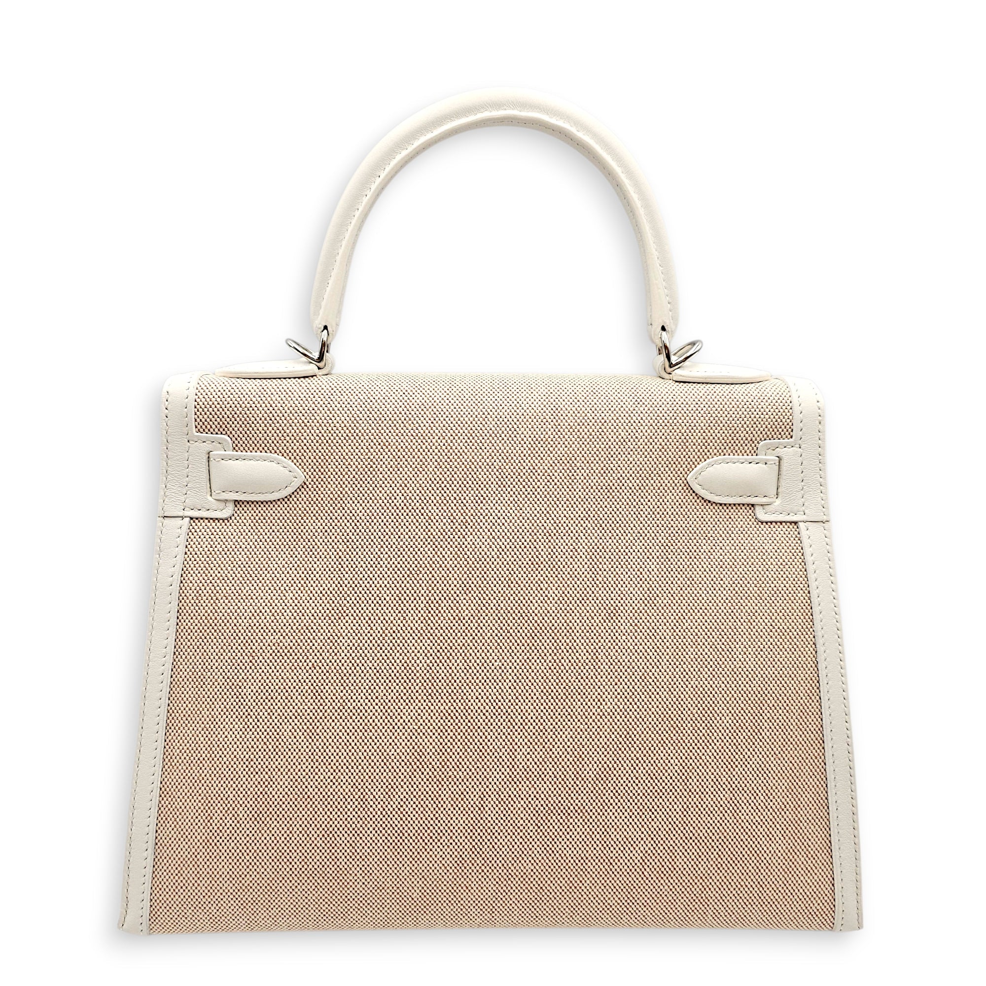 Sellier Kelly 28 Ecru-Beige/New White in Toile/Swift Palladium hardware CL2601-19177 2