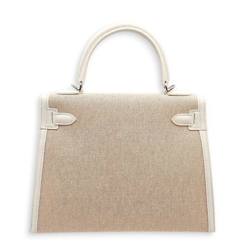 Sellier Kelly 28 Ecru-Beige/New White in Toile/Swift Palladium hardware CL2601-19177 2