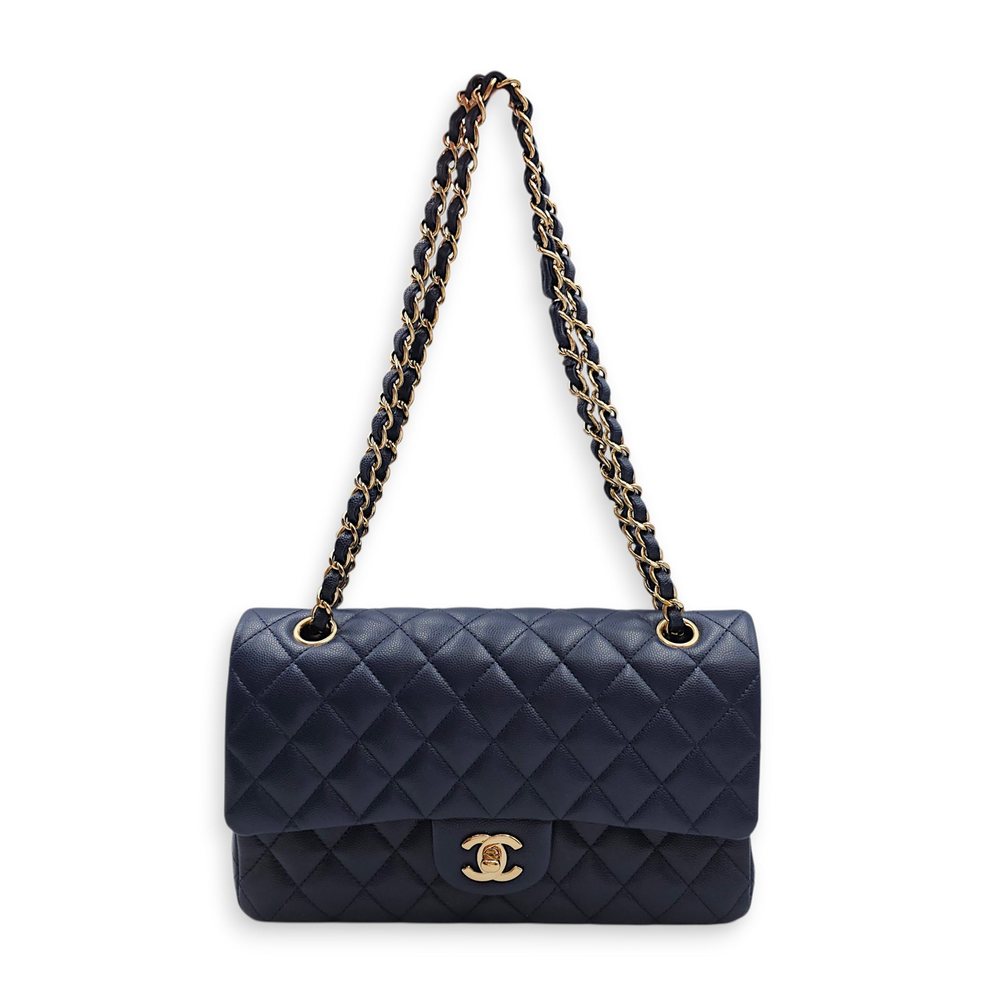 Classic Medium Flap Blue Shoulder Bag in Caviar Leather Gold hardware CL2602-19223 10