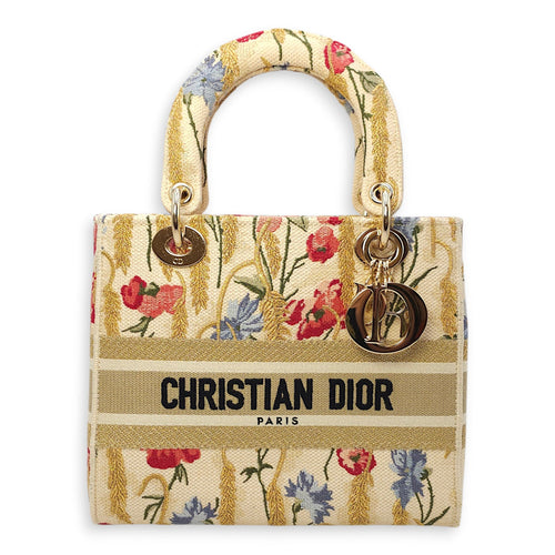 Lady Dior D-Lite with Floral Pattern Medium Beige Top Handle Bag in Canvas Gold hardware CL2602-19323 1