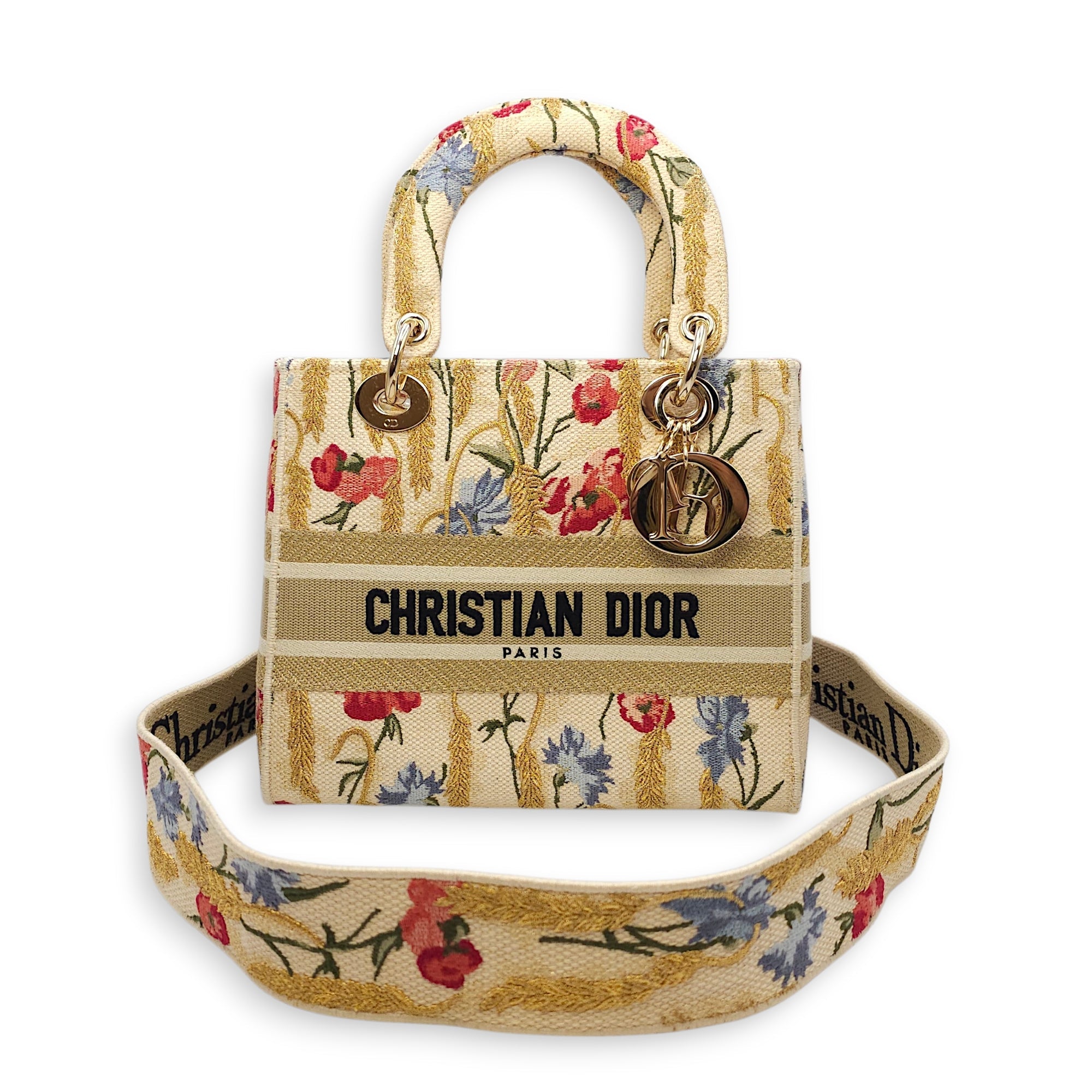 Lady Dior D-Lite with Floral Pattern Medium Beige Top Handle Bag in Canvas Gold hardware CL2602-19323 16