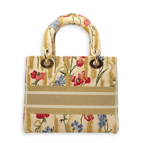 Lady Dior D-Lite with Floral Pattern Medium Beige Top Handle Bag in Canvas Gold hardware CL2602-19323 2