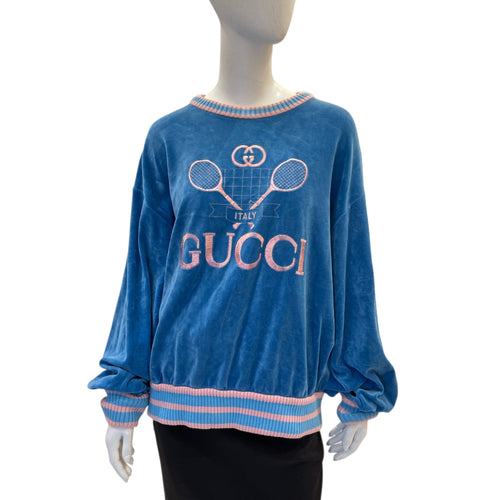 Tennis Embroidered Sweatshirt M Blue Ready-To-Wear in Velour CL2602-19386 1
