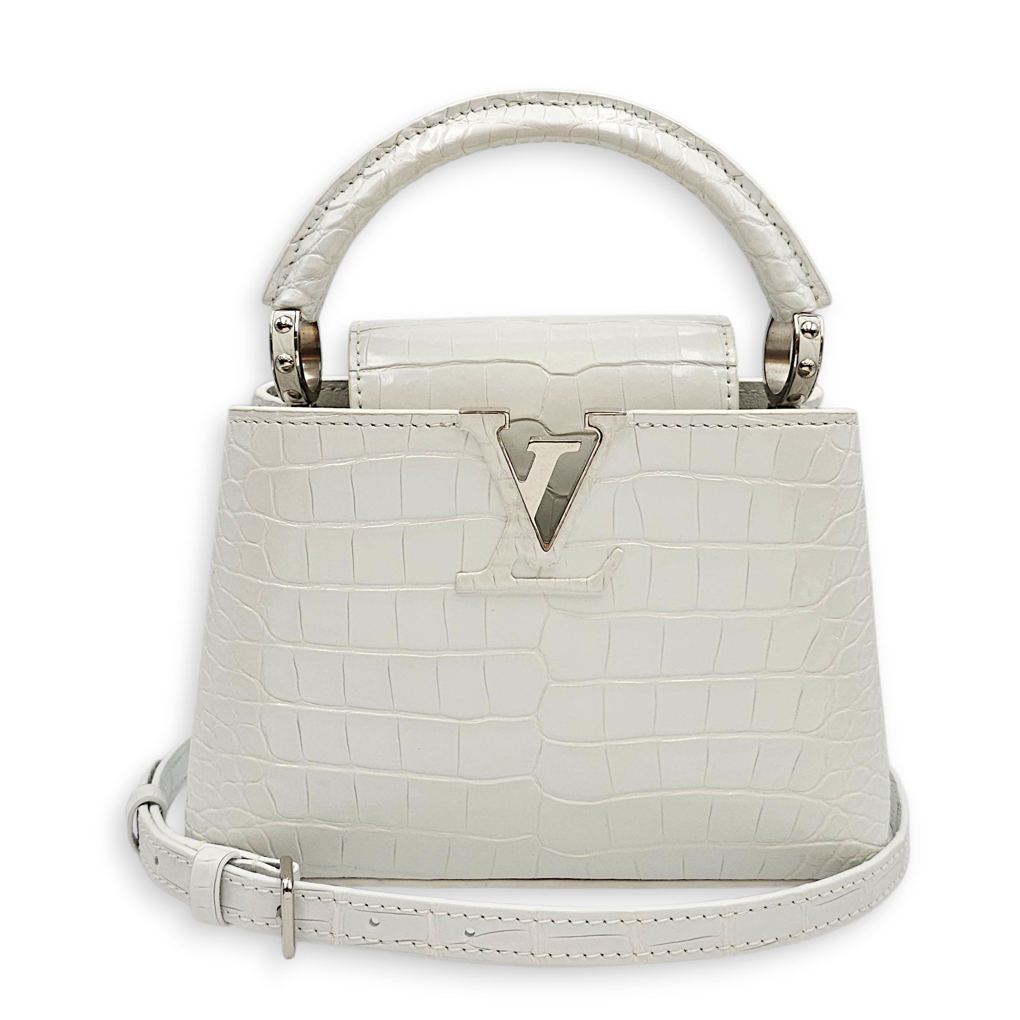 Capucines Mini White Shoulder Bag in Shiny Alligator Palladium hardware SL2603-20375 9