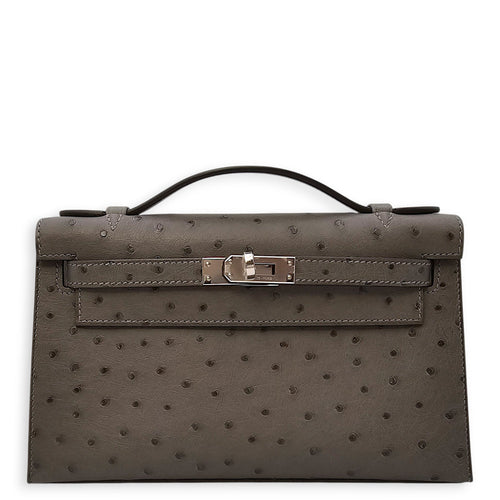 Kelly Pochette Grey in Ostrich Palladium hardware CL2602-19454 1