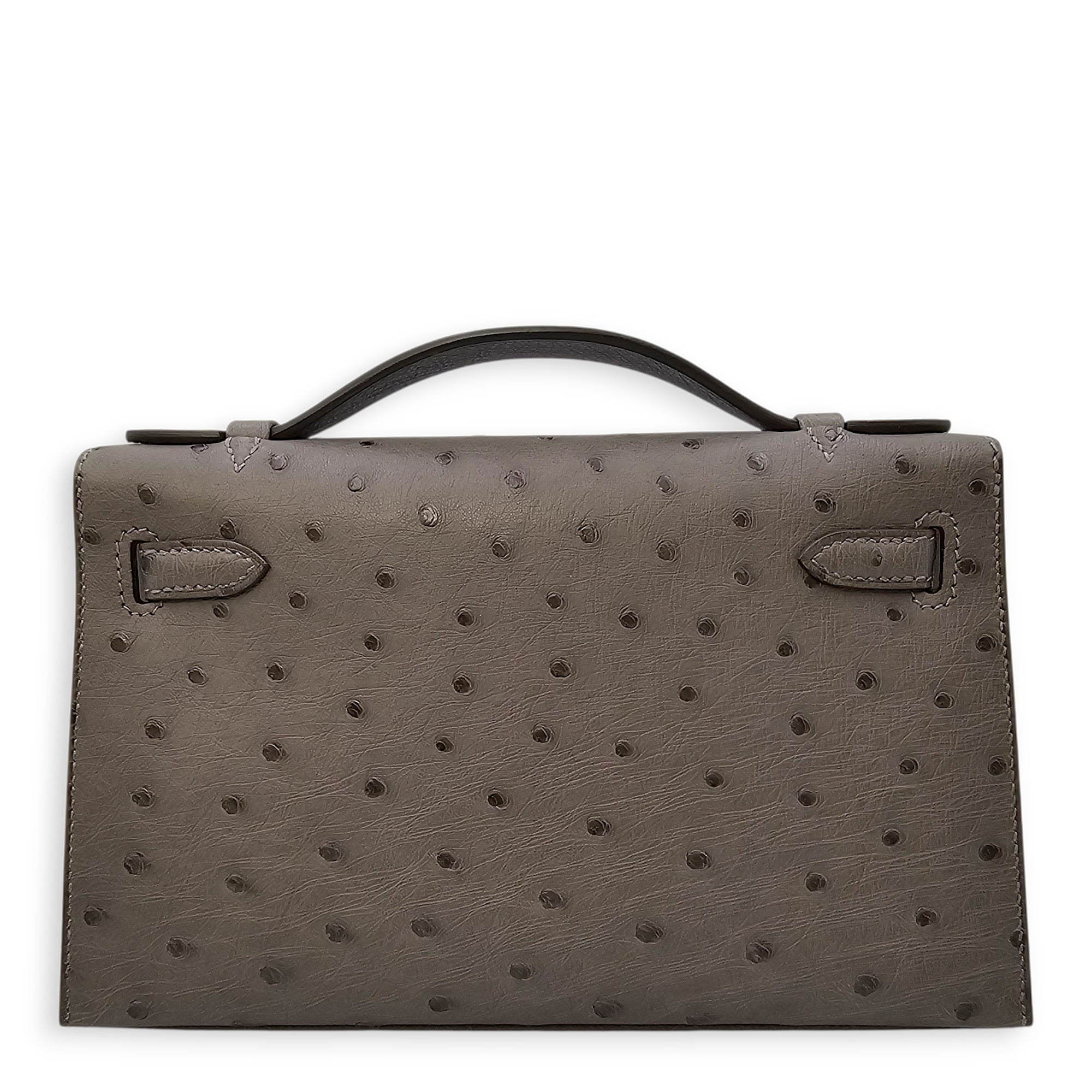 Kelly Pochette Grey in Ostrich Palladium hardware CL2602-19454 2
