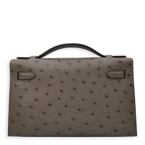 Kelly Pochette Grey in Ostrich Palladium hardware CL2602-19454 2