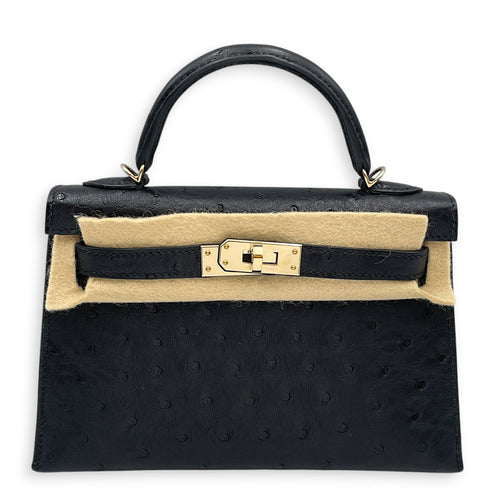 HSS Sellier Kelly 20 Black/Rouge in Ostrich Permabrass hardware CL2602-19508 1