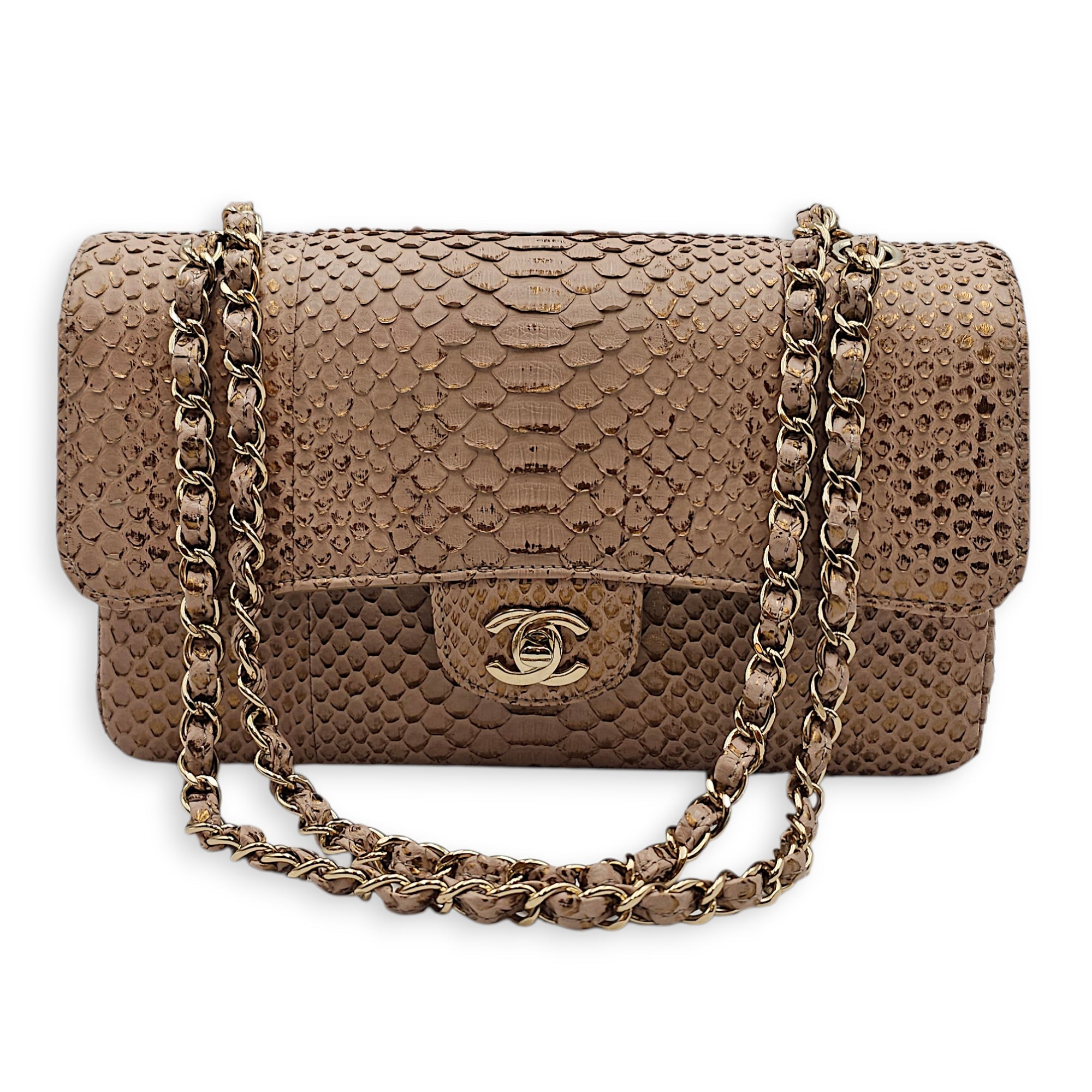Classic Double Flap Medium Beige Shoulder Bag in Python Leather Gold hardware CL2602-19540 11