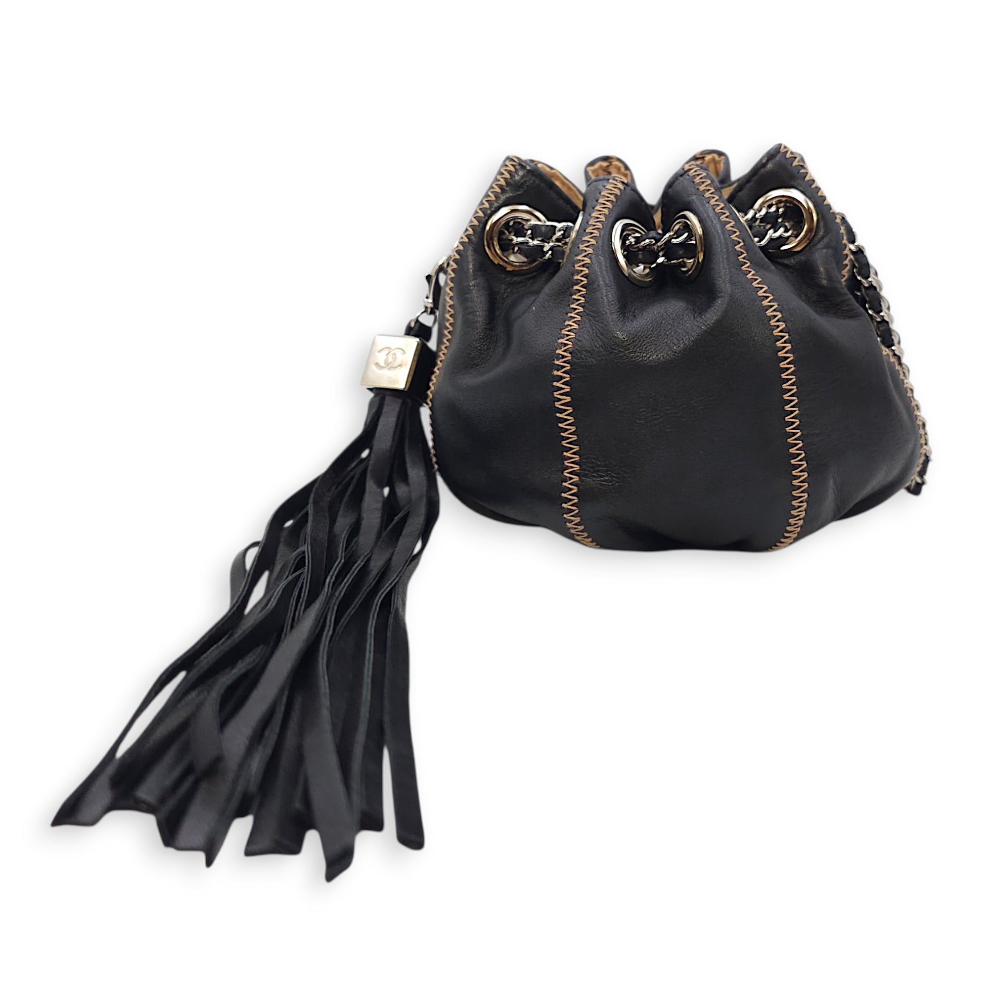 Sac Cordon Mini Black Pouch in Lambskin Palladium hardware CL2602-19581 3