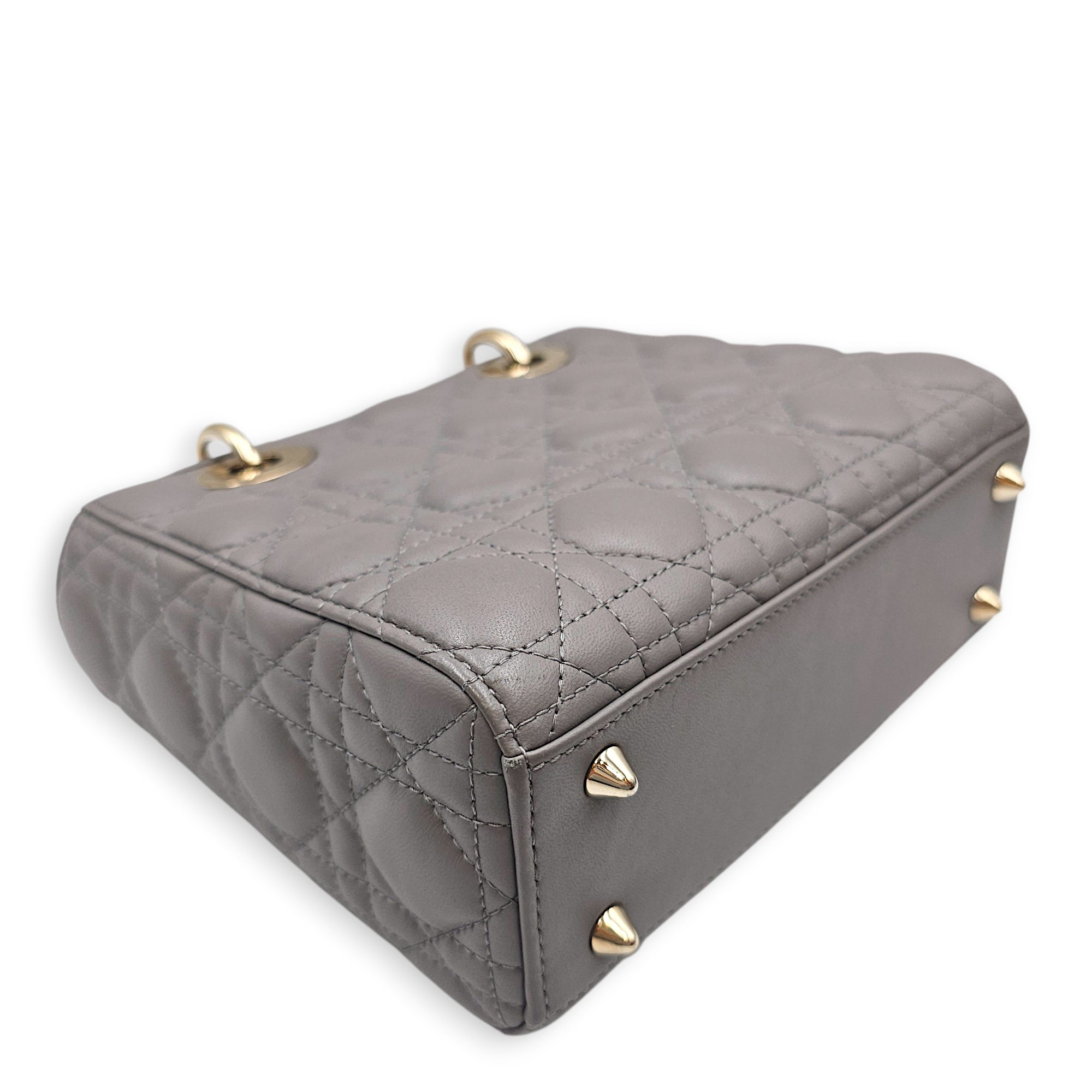 Small  Lady Dior Grey Top Handle Bag in Lambskin Gold hardware