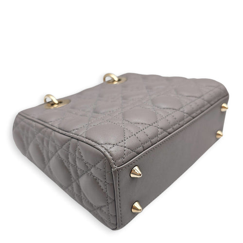 Small  Lady Dior Grey Top Handle Bag in Lambskin Gold hardware