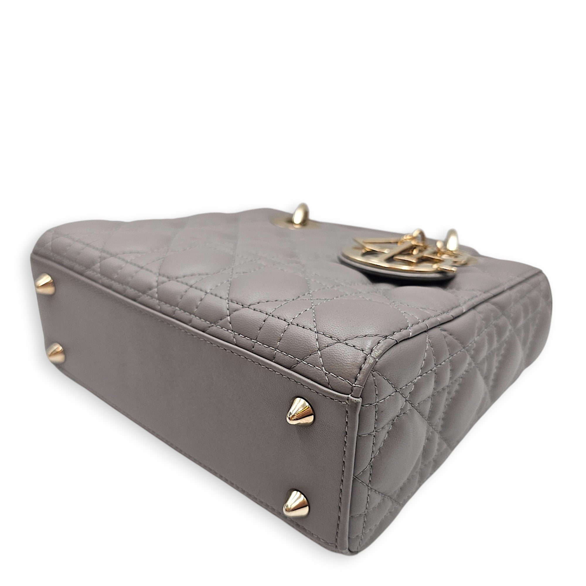 Small  Lady Dior Grey Top Handle Bag in Lambskin Gold hardware